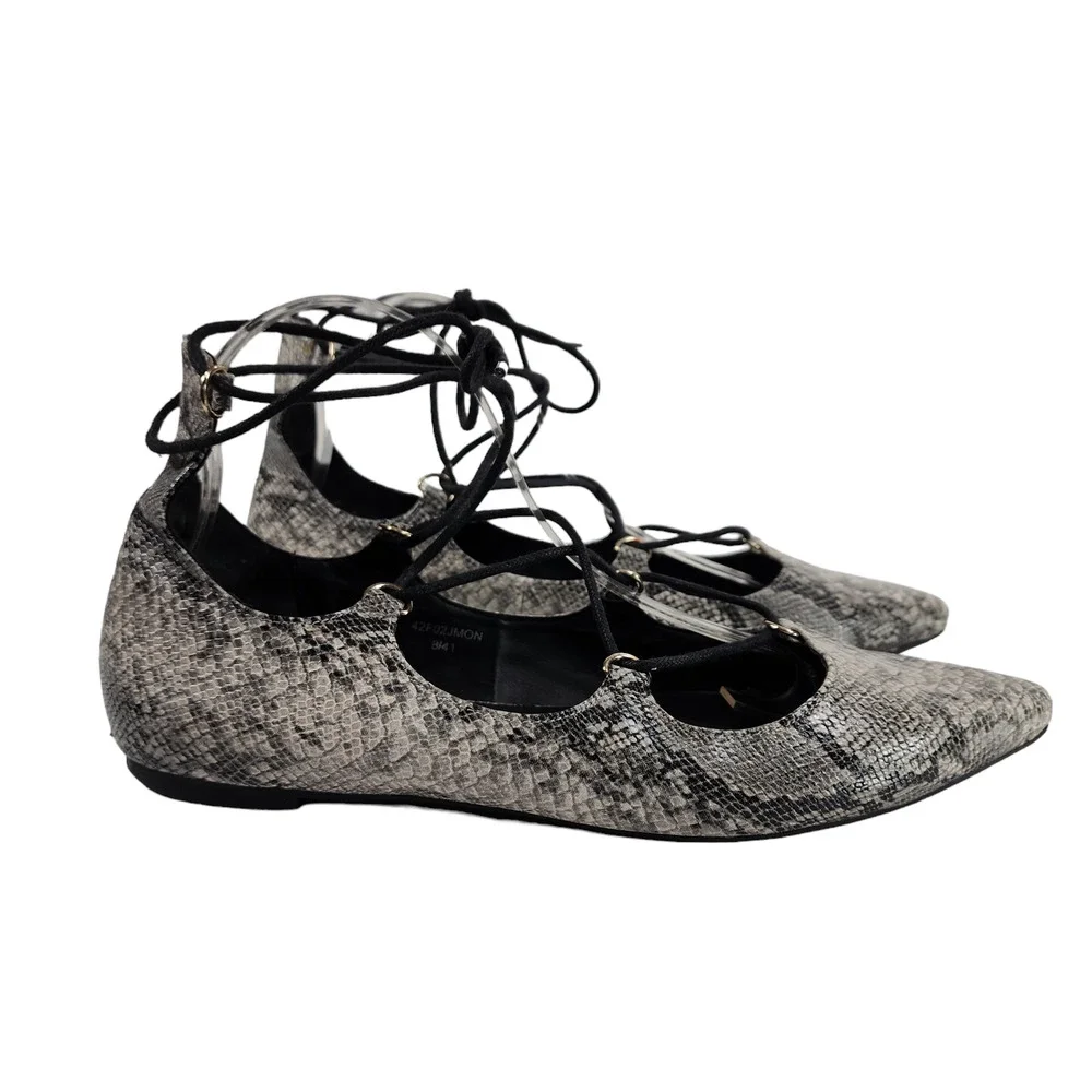 TOPSHOP Womens Kingdom Ghillie Gladiator Flats 8 Pointed‎ Snakeskin Faux Leather